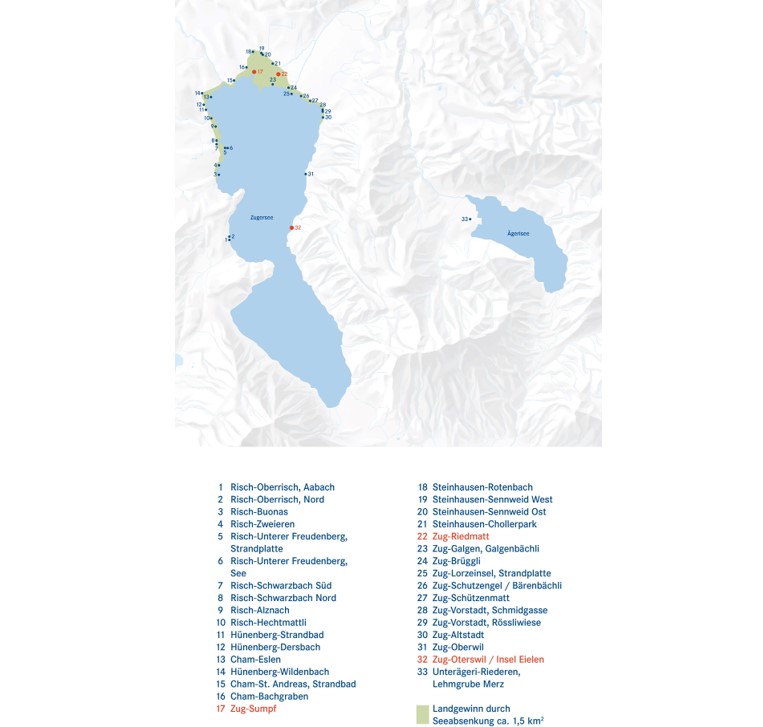 Karte mit Zugersee und grauer Umgebung. Punkte mit Nummern. Unten Namen der Punkte. 