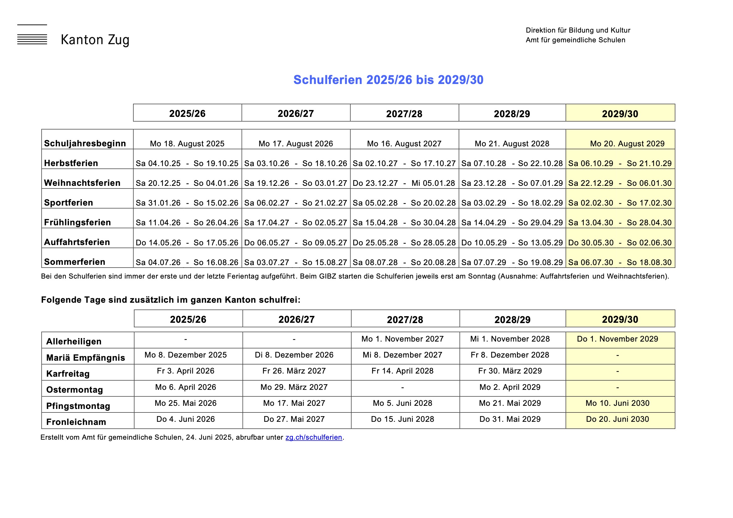 Ferienplan 2024–2029